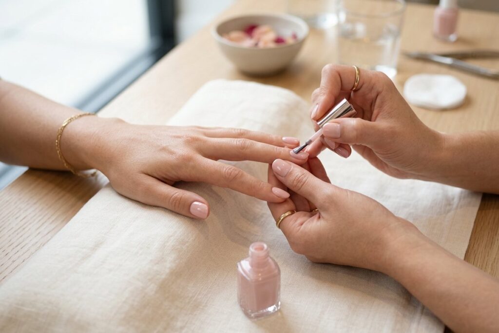 A manicurist applying pale pink polish to a client's nails