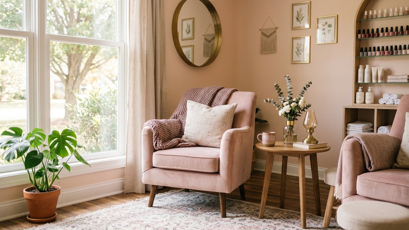 A cozy corner with a pink armchair and shelves of nail polish